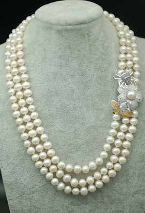 

3rows freshwater pearl white near round 7-8mm necklace 19-20inch FPPJ wholesale beads nature