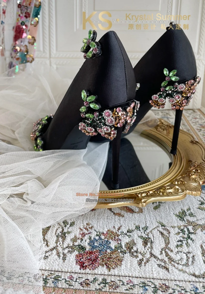 Black Satin Crystal Flowers High Heels Women Shallow Slip On Pointy Toe Pumps Rhinestone Fashion Women Dress Shoes