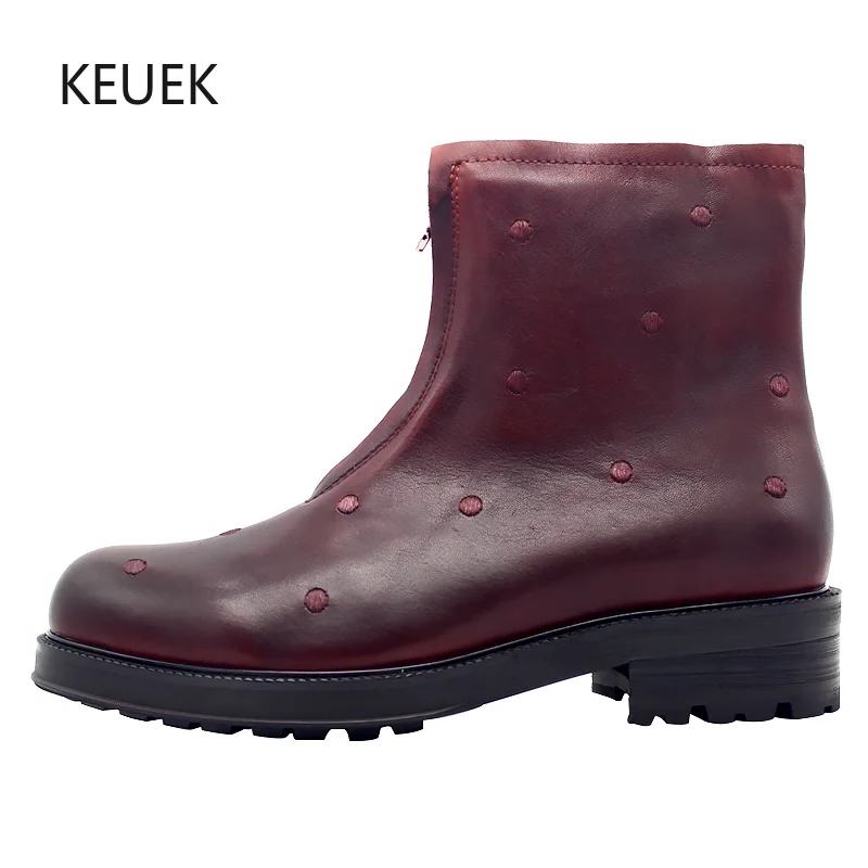 Men's Shoes Platform Boots Trendy Side Zip Motorcycle Boots British Genuine Leather Lace Up Mid Calf Riding Boots 020
