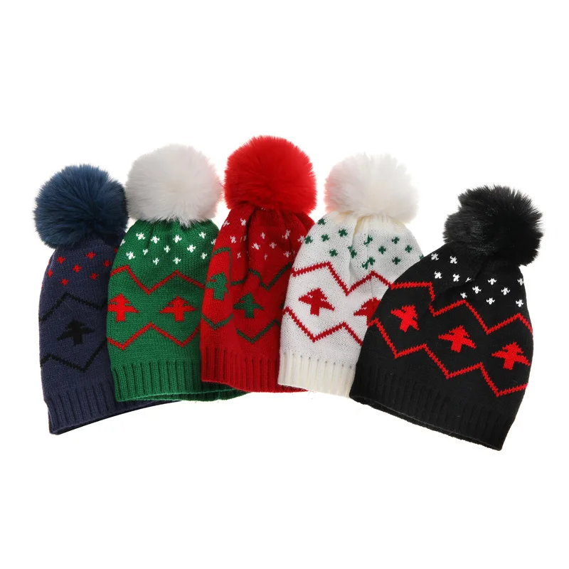 

Autumn Winter New Christmas Tree Children's Warm Wool Pompon Ball Jacquard Knitted Skull Hat Cute Boys Girls Beanie Cap Elastic