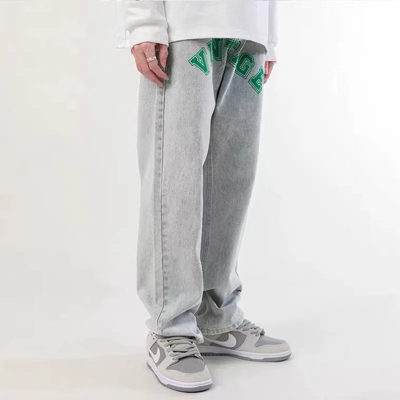 Four seasons new men's jeans loose straight print hip hop street retro trousers fashion streetwear trend men ins hot sale JEANS