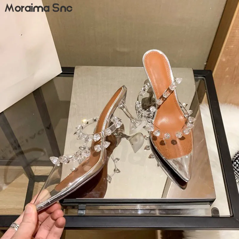 Women's Summer Rhinester Baotou Slippers New Transparent Pointed Wine Glass Heel Back Empty High Heel Sandals Sexy Slippers