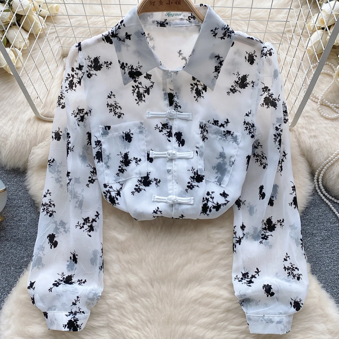 

Новинка, Солнцезащитная рубашка в китайском стиле для женщин, осень 2023, блузка с длинными рукавами и принтом в стиле ретро на пуговицах, Топ