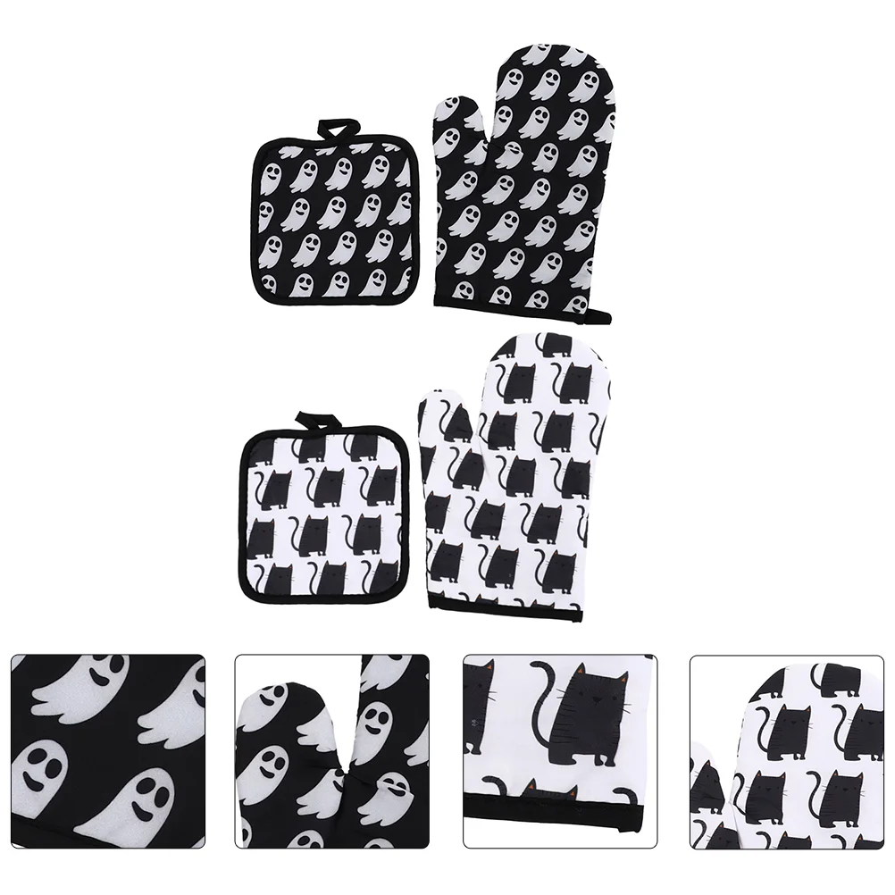 

4pcs Polyester Oven Mitts Heat Resistant Pot Holders Cat Pattern Oven Kitchen with Cotton Lining for Cooking Grilling Barbecue