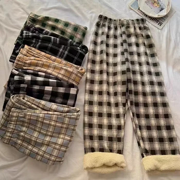 

Winter Warm Plush Women Pants Fashion Plaid Casual Loose Wide Leg Trousers Streetwear Baggy Long Pants Harajuku Y2k Girl Clothes