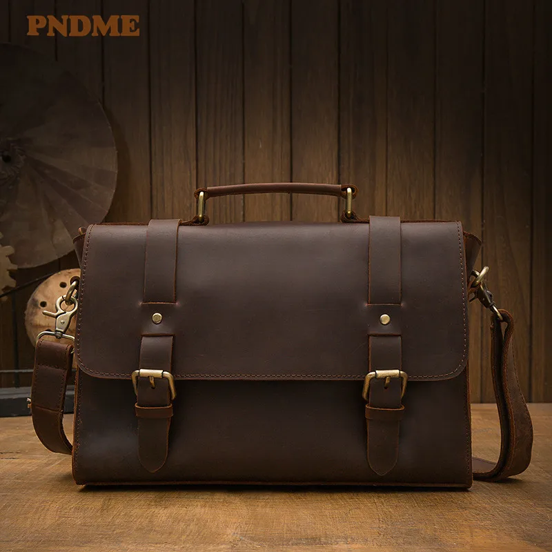 Vintage crazy horse cowhide men's briefcase business casual high-quality natural genuine leather laptop shoulder messenger bag