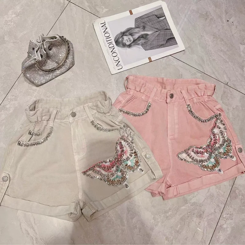 French Minority Exquisite Rhinestone Butterfly Denim Shorts Female Summer New Loose Slimming A-line Versatile Wide Leg Hot Pants