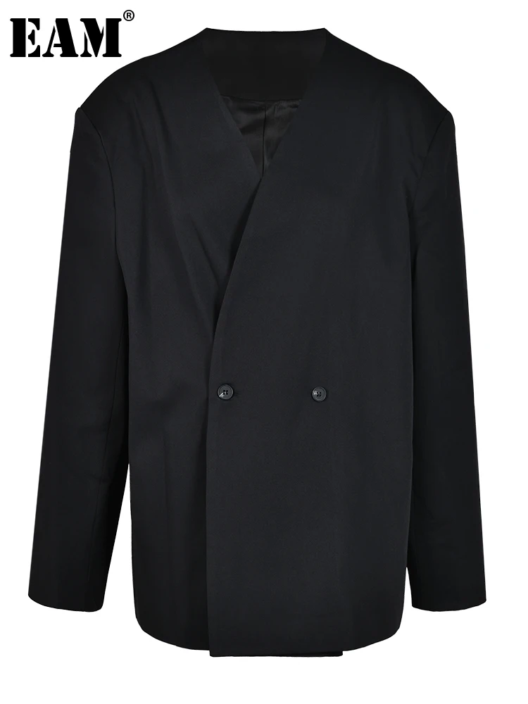 

[EAM] Женский Черный Короткий Повседневный Блейзер большого размера, новый свободный Приталенный пиджак с v-образным вырезом и длинными рукавами, весна-осень 2023, CPG0366