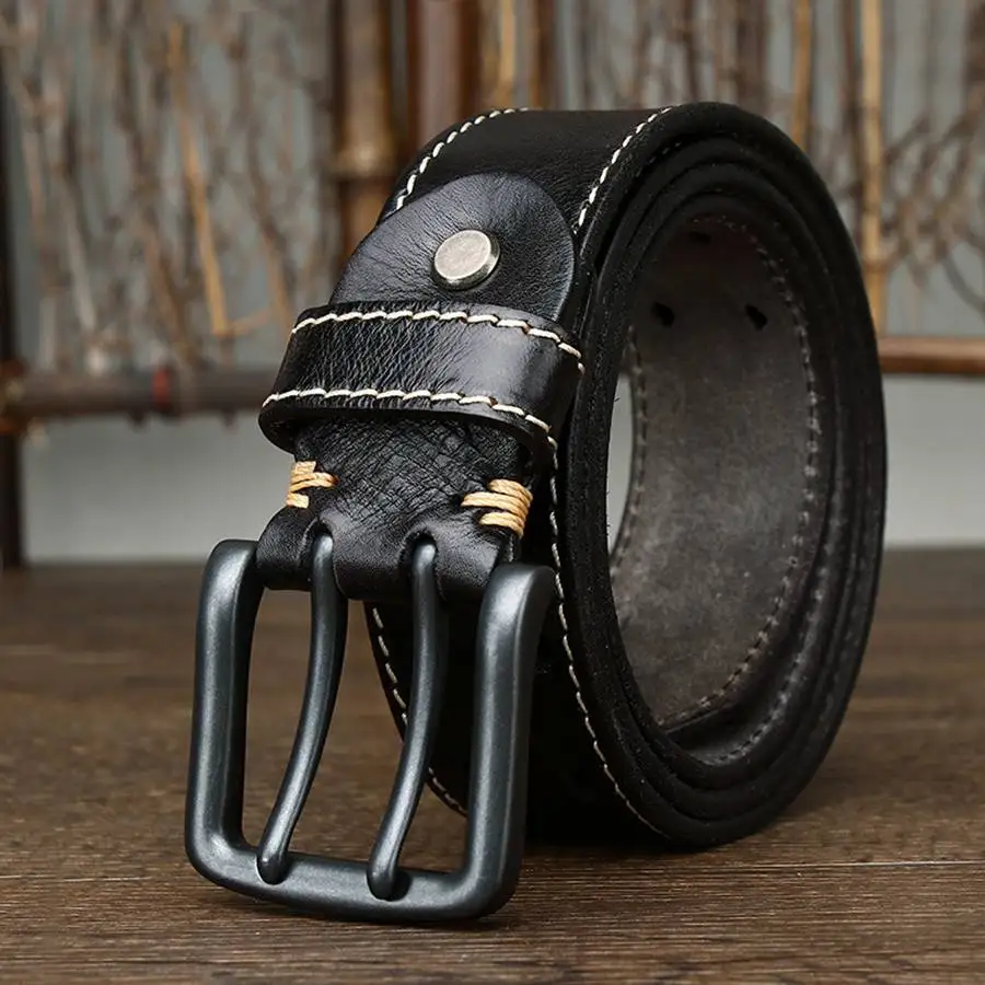 3.8CM The New Vintage Trend of The Italian Head Layer Cowhine Double Pin Buckle Belt Men's Leather Denim Belt Wholesale