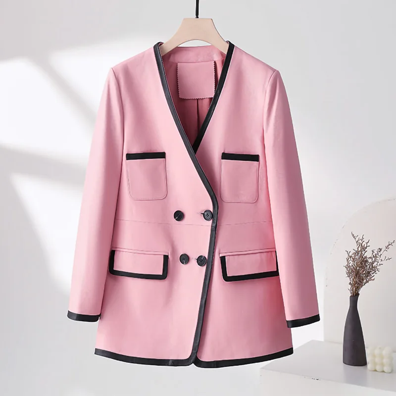 Lady Real Sheepskin Leather Jacket Coats V-Neck Double Breasted Mid-Length Elegant Fashion 2022 New Autumn Winter TF5018
