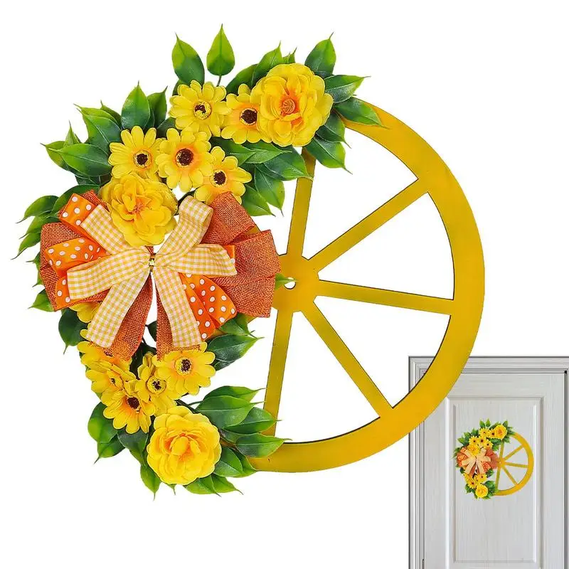 

Yellow Wreath Dot Plaid Bowknot Rustic Round Wheel Wreath Spring Yellow Flower Decor Artificial Wreath With Greenery Tea Leaf