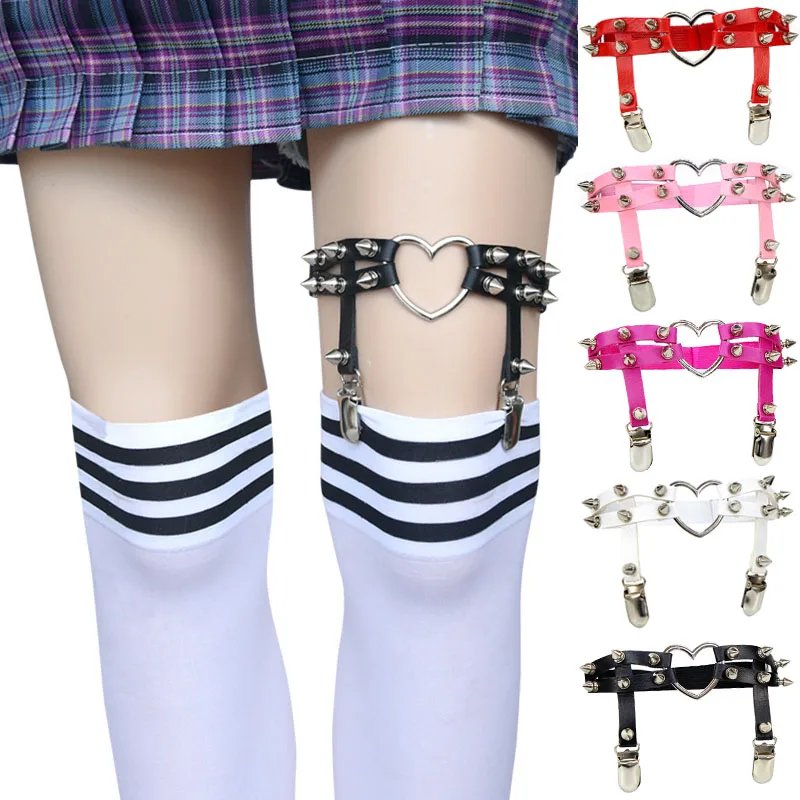 

Goth Clothes Sexy Rock Pub Punk Garter Belt Rivets Leg Ring Thigh Harness Heart Suspenders Women Girls Body Jewelry Garter Belt