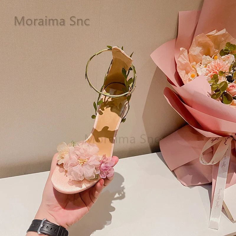 Chiffon Flowers Leaves Vine High Heels Sandals for Women Cover Heel Stiletto Shoes Female Open Toe Buckle Strap Sweet Party Shoe