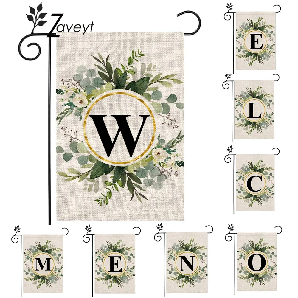

A-Z 26 letter Welcome Decorative Garden Flags with Letter Branch Flower Wreath Double Sided House Yard Patio Outdoor Garden Flag