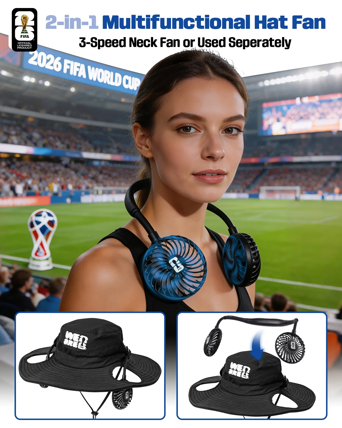 Фото Вентилятор-шляпа для Чемпионата мира FIFA 2026, официальная лицензия, USB-C, перезаряжаемый, 3 скорости, вентилятор на шею, водонепроницаемый, с защитой от УФ-излучения, для матчей №3