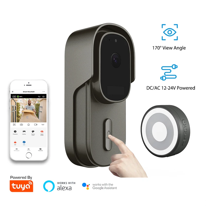 

Tuya Video Smart Doorbell WiFi Wireless Wired Door Bell DC AC Battery Powered 1080P 2MP Pixel Waterproof Support Alexa Google