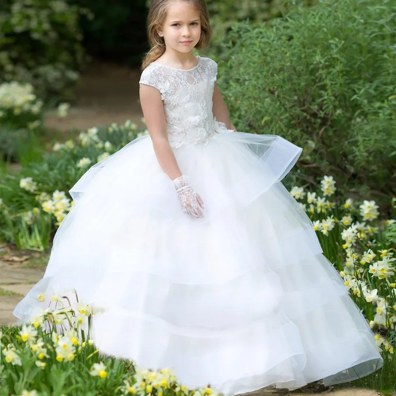 

White 3D Kids Tiered Flower Girl Dress For Wedding First Communion Baptism Princess Special Formal Occasion Birthday Party Dress