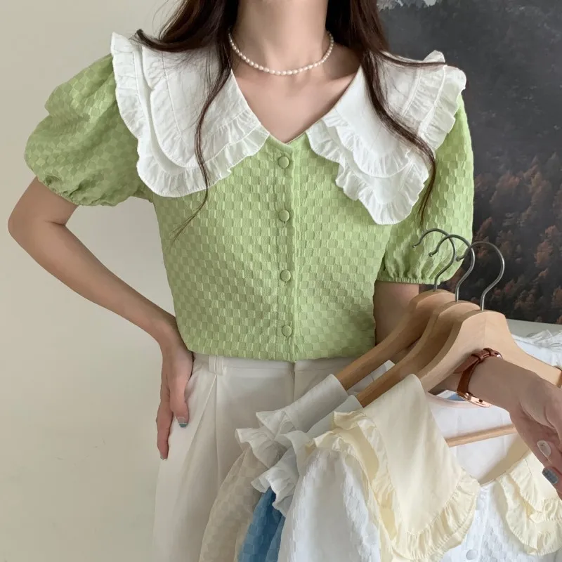 

Doll Collar Shirt Women's Summer Design Sense Niche New Korean Style Chic All-Match Elegant Contrast Color Top