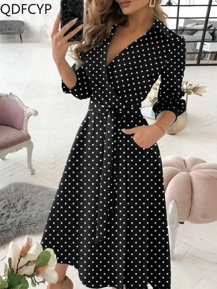 

Spring Summer Women sexy Dress Long Sleeve V-neck Print Fashion Elegant A-line Office Lady High Waist lace-up dresses for womens