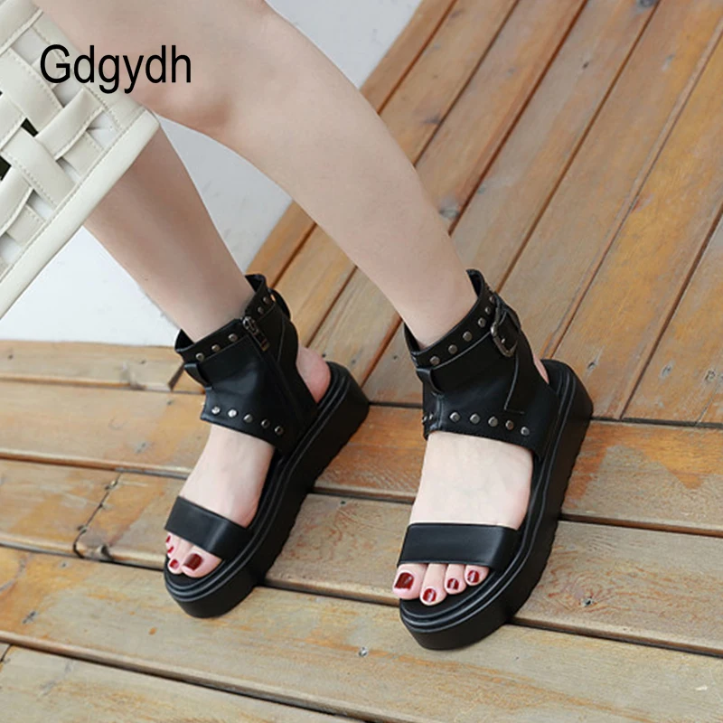 

Gdgydh 2022 Thick Platfom Women Sandals Open Toe Flat Heels Female Shoes Summer Korean Style Rivets Buckle Sandals Ankle Strap