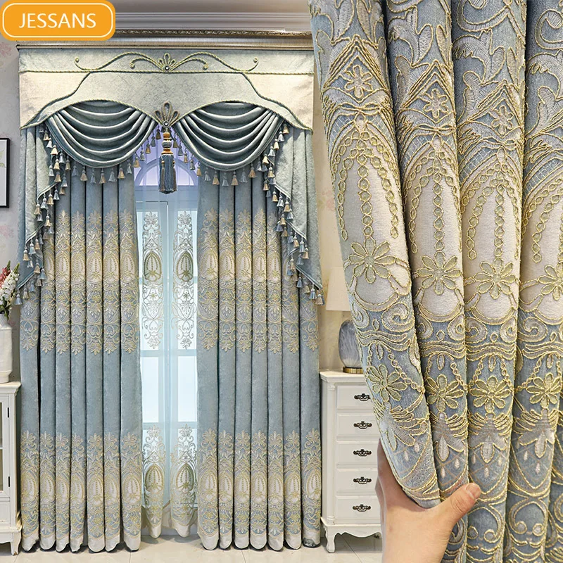

Custom high-end European-style embroidered curtains 2022 new living room floor-to-ceiling windows shading bedroom bay windows