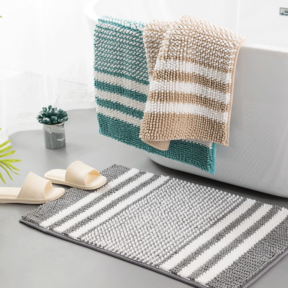 

Chenille Floor Mat Bedroom Entrance Bedside Striped Carpet Bathtub Absorbent Bathroom Non-Slip Mat