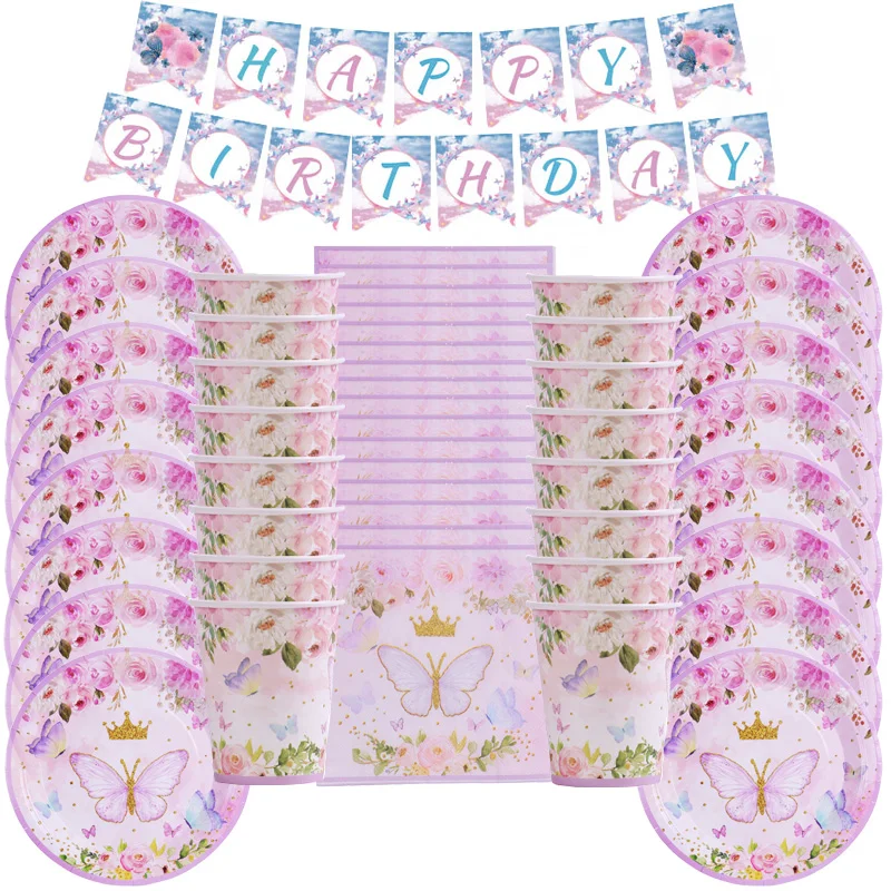 

Spring Butterfly Party Disposable Tableware Paper Plate Napkin Banner Girls 1st Birthday Party Decorations Baby Shower wedding