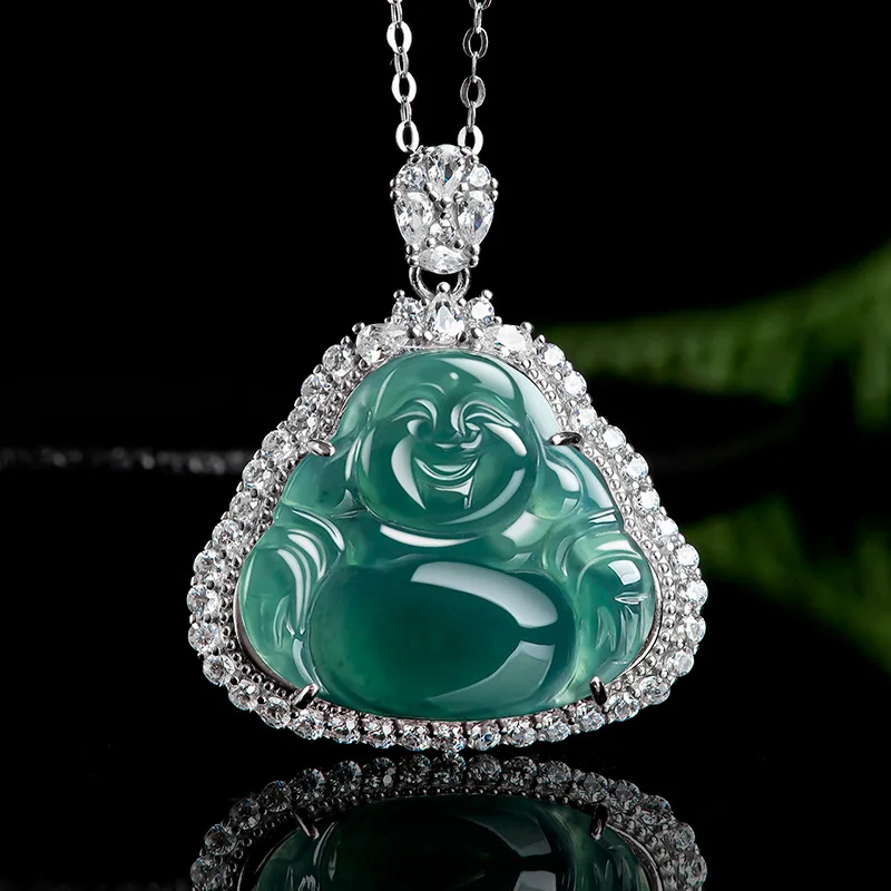 MaiChuang/Hand Carved/Silver Inlay Ice Species Jade Maitreya/Necklace Pendant Fashion Elegant Jewelry Men and Women Couple Gift