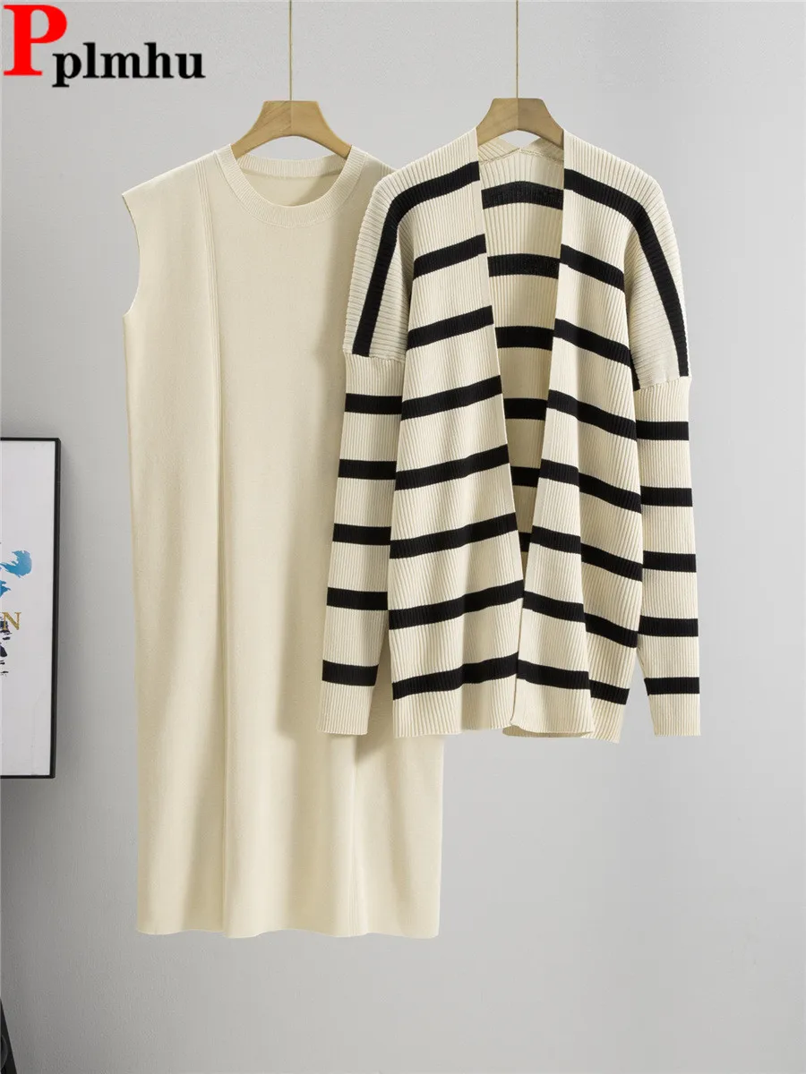 Весенне-осенний повседневный вязаный комплект из 2 предметов женский полосатый