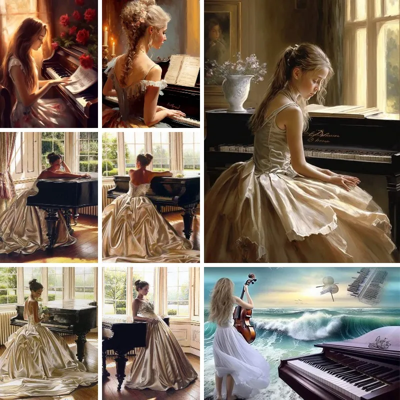 

Алмазная живопись 5D «сделай сам», полноразмерная/круглая картина с квадратными стразами, музыкальное пианино ручной работы, вышивка крестиком романтической милой девушки, Декор