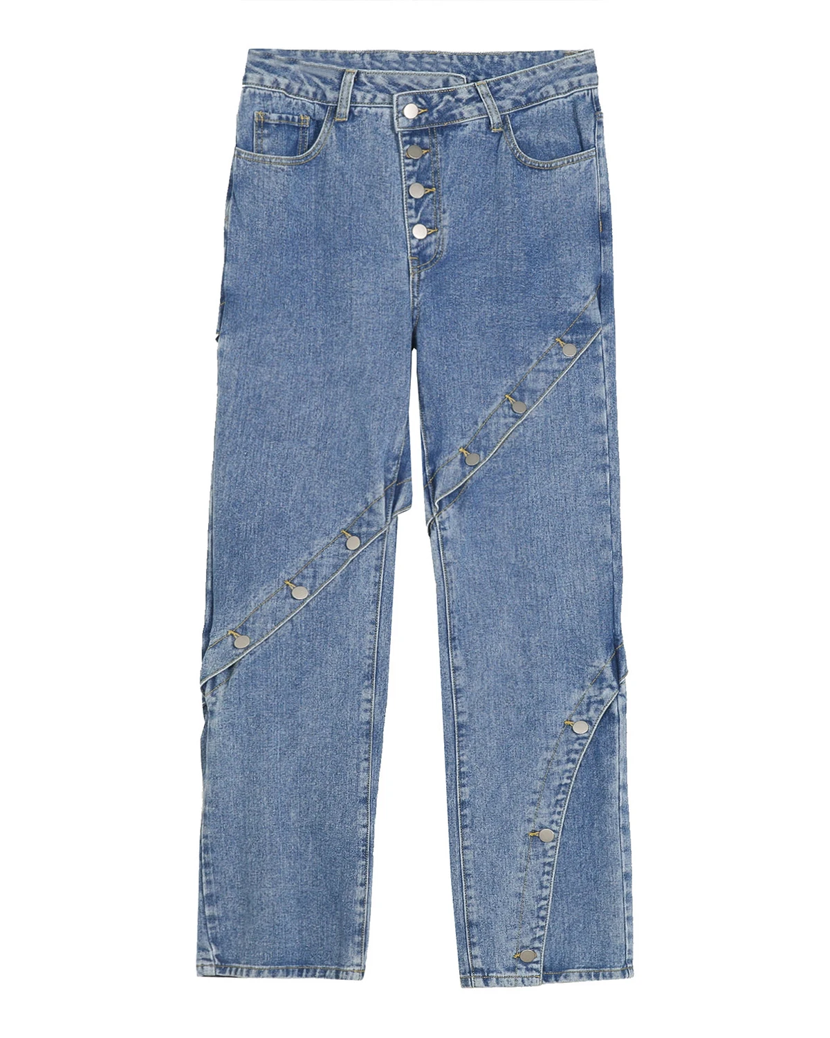 Four Seasons Men's Jeans Metal Button Stitching Design Sense Personality Split Design Jeans Y2k Pants Streetwear Jeans for Men