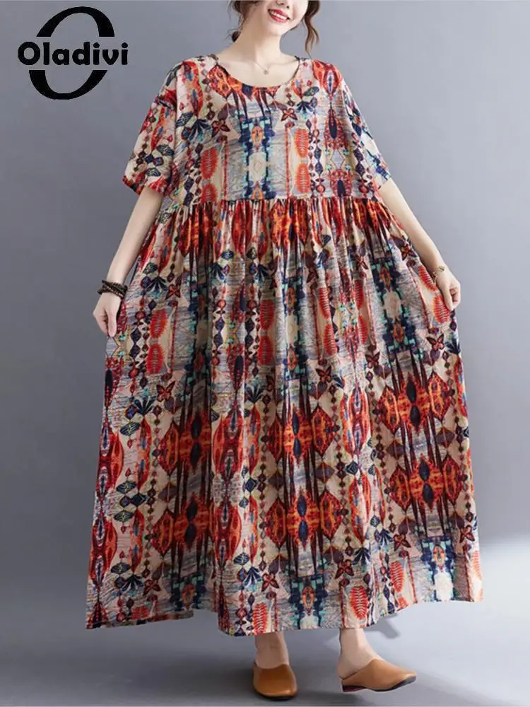 

Oladivi Fashion Print Boho Dress Women Summer Large Size Vintage Ladies Oversized Casual Holiday Bohemian Dresses Robe 9112 8XL