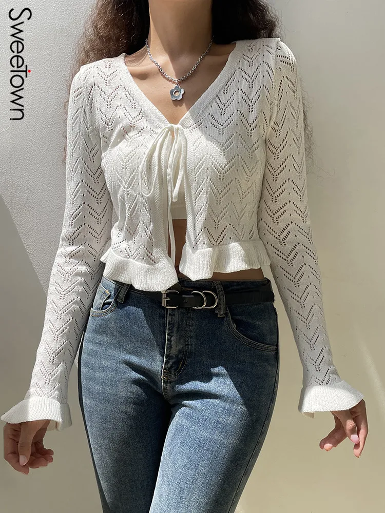 

Женский трикотажный кардиган с рюшами, с длинным рукавом