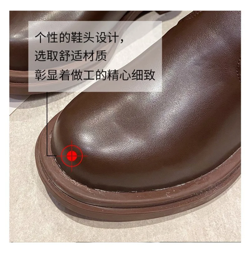 Ankle Boots Woman Slip-On Shoes Woman Fashion Knitted Elastic Round Toe Short Boots Platform Square Heels Leather Boots Women