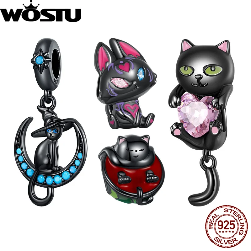 WOSTU 925 Sterling Silver Cool Black Cat With Hat Tourquoise Charms Zircon Pendant For Women Fit Orignal Bracelet Jewelry Making