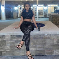 wishyear 2022 sexy see through pants suit black mesh two piece set crop top and leggings club outfits for women clothes
