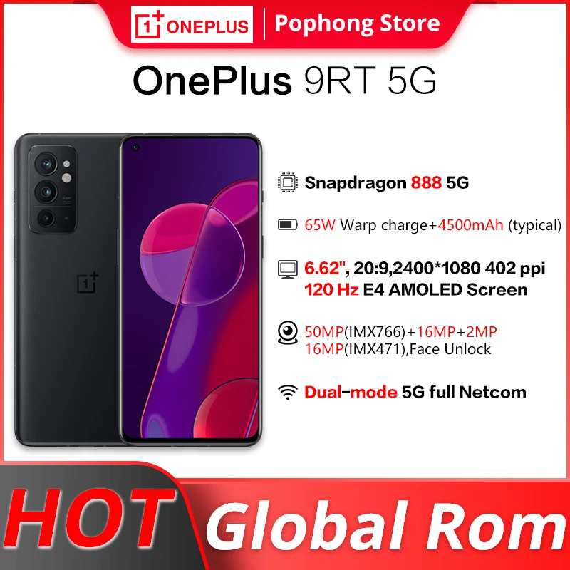 Global Rom OnePlus 9RT 5G MobilePhone 6.62 inches 120Hz E4 AMOLED Snapdagon 888 Octa Core 65 Warp Charging Android 11 NFC