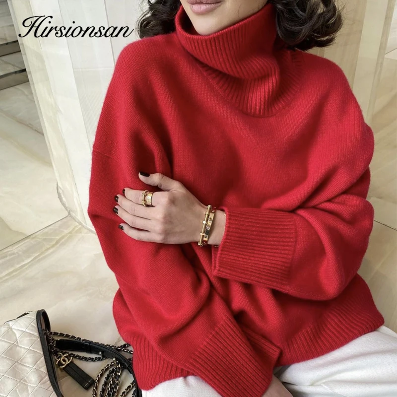 

Hirsionsan Turtle Neck Cashmere Sweater Women Korean Style Elegant Thick Warm Female Knitted Pullovers Loose Casual Outwear 2021