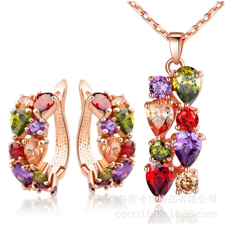 

New Ladies Jewelry Set Zircon Necklace Earrings Colorful Necklace Earrings Two-piece Jewelry Explosive High-end Accessories