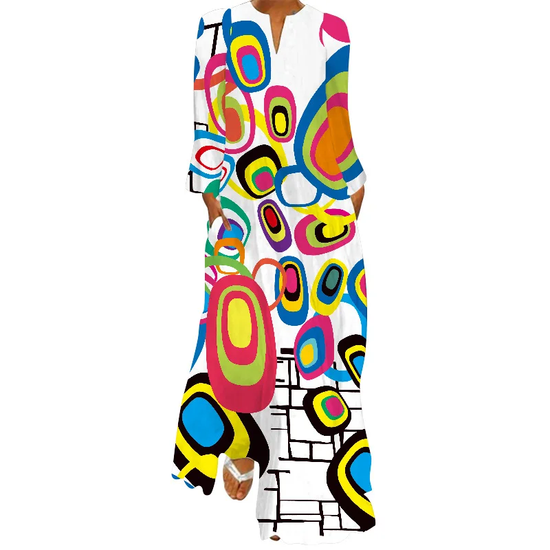 

Spring, Autumn and Winter European and American Style Street Women's Printed Long-Sleeved Dress V-neck Dress