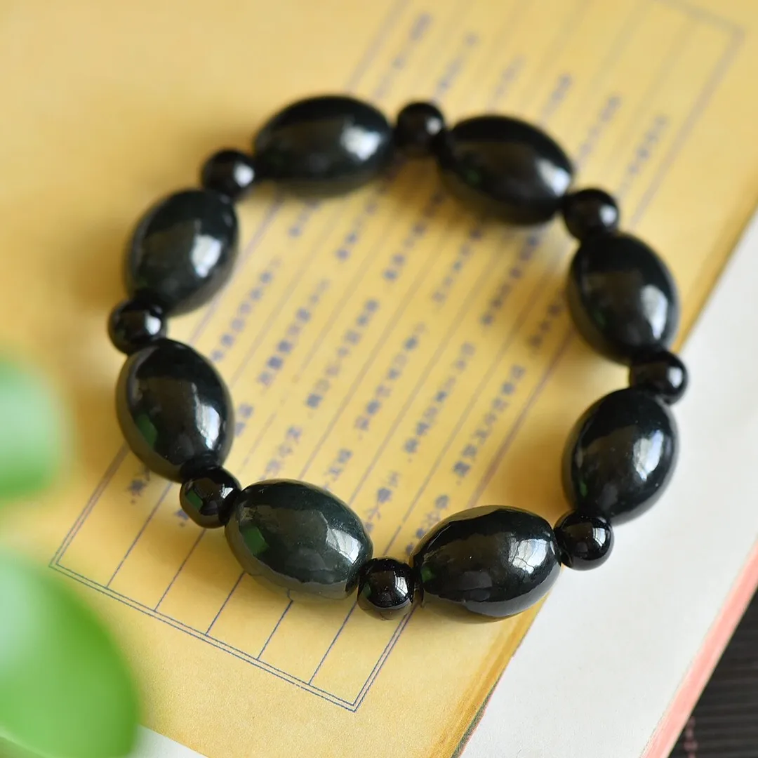 

Natural Hetian Green Jade Bracelet Men Women Real Chinese Xinjiang Nephrite Bead Elastic Beaded Bangle Bracelets Healing Jewelry
