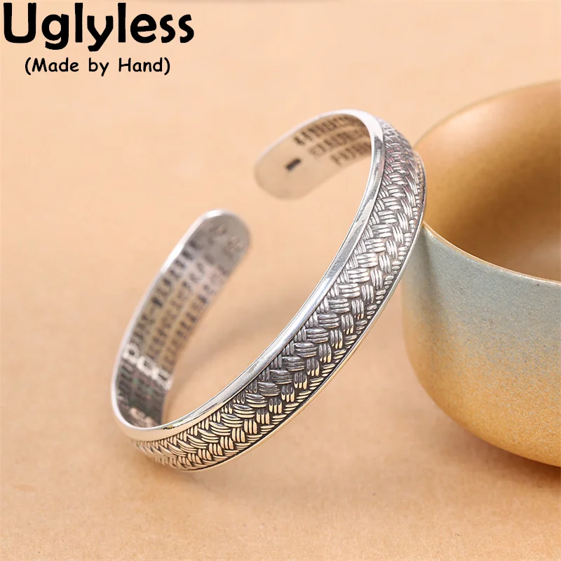 

Uglyless Braided Thai Silver Bangles Women Real Ag999 Fine Silver Religious Jewelry Buddhism Heart Sutra Bangles Female Bijoux
