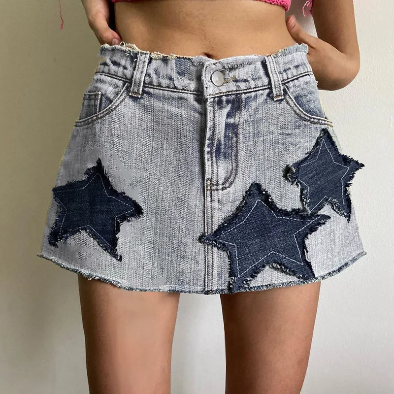 

2023 Color-blocking five-pointed star patch denim skirt New Spicy Girls show leg length A-swing low waist skirt