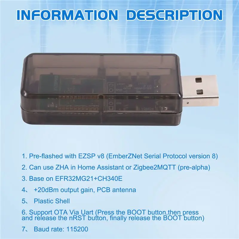 Фото Универсальный USB-адаптер/шлюз Zigbee 3.0 ABIJ-Ewelink с открытым исходным кодом для 2MQTT, ZHA, EZSP, NCP, Home Assistant №3