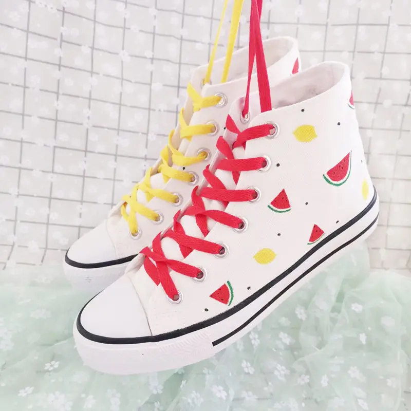 

High top hand painted fruit strawberry canvas shoes female graffiti cute student fashionable Korean version of large size board