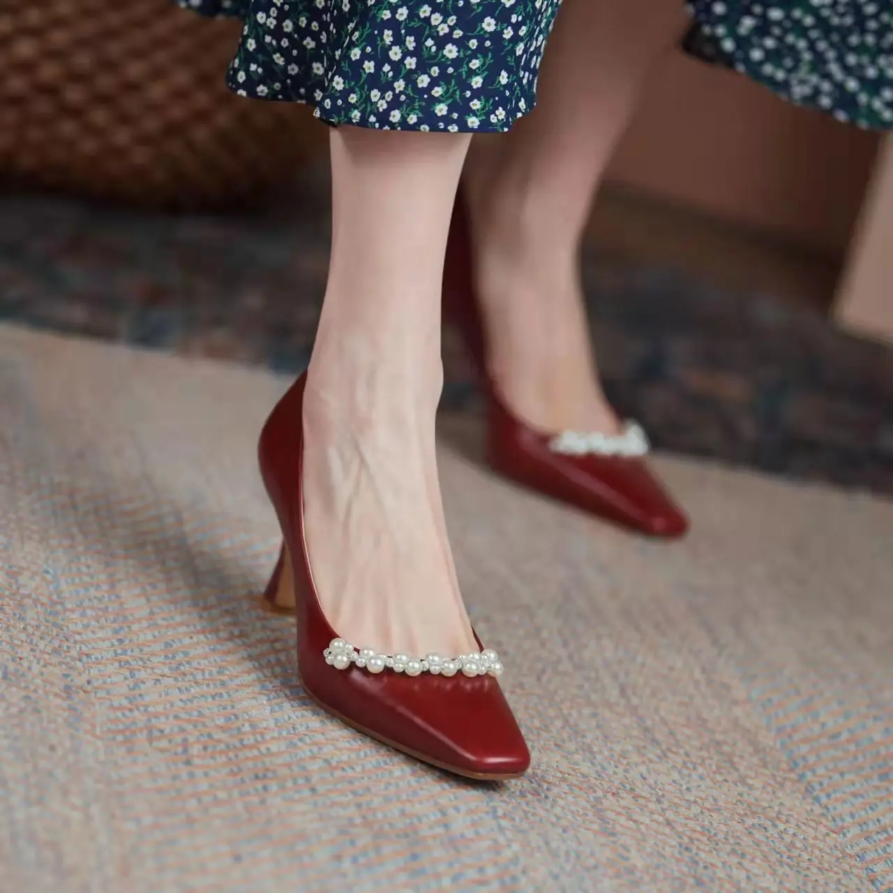 

Women's Summer Footwear on Heeled Shoes for Woman 2023 Pearl Red Pumps High Heels Stilito Square Toe Wedding Bride Shoe A Sale E