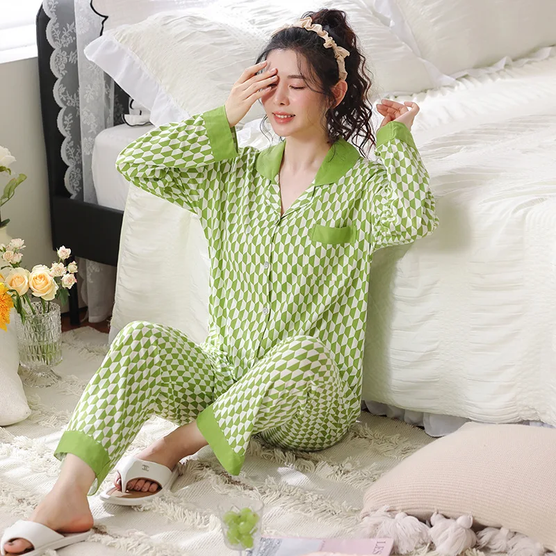 Spring Autuum Fashion Women's Casual Pocket Sleepwear Homewear Cute Lovely Pajamas Set With Pants Soft Plaid Green
