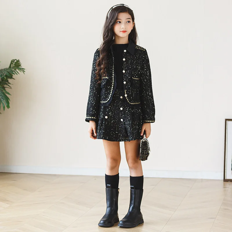 Детский комплект одежды ZOETOP твидовый пиджак с яркими бриллиантами и