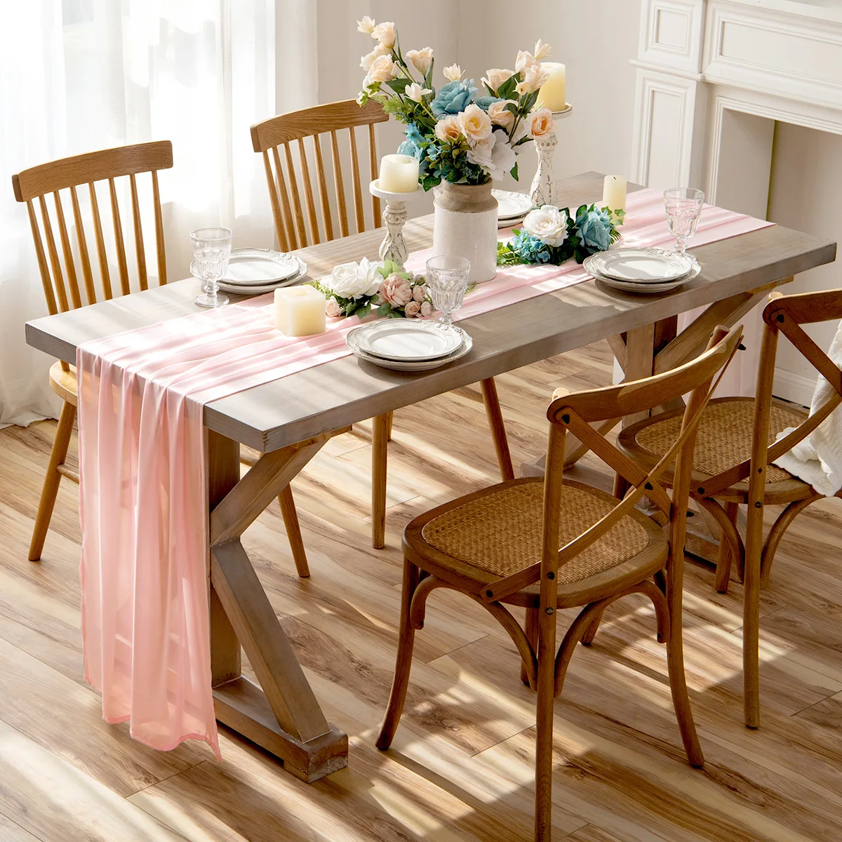 

Sheer Chiffon Luxury Solid Colorful Table Runner Blue Rustic Boho Wedding Party Bridal Shower Birthday Home Christmas Decoration