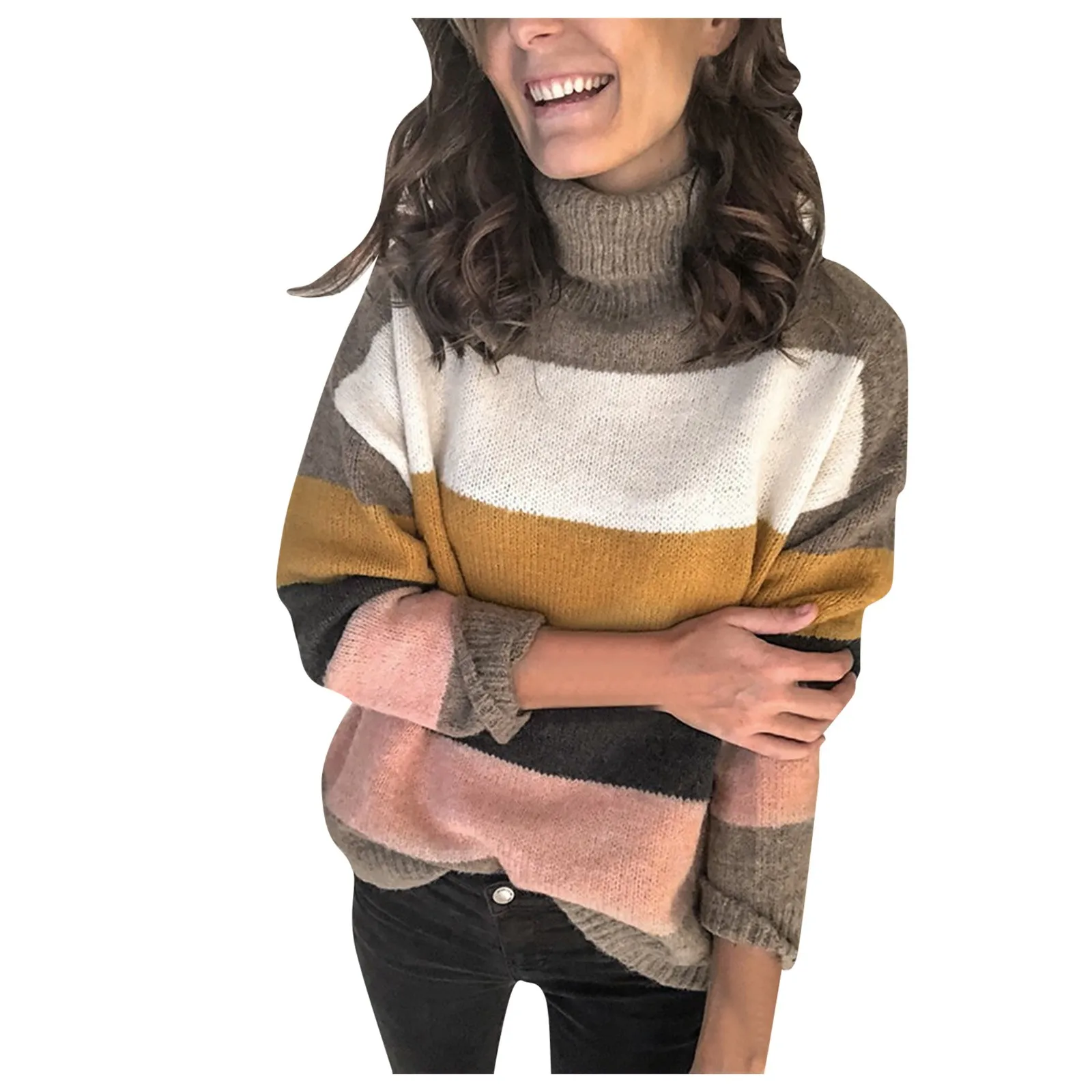 

Ladies High Neck Long Sleeve Color-Blocking Striped Knit Top Sweater Women'S Fall/Winter Fashion Casual Knitted Pullover Jumper